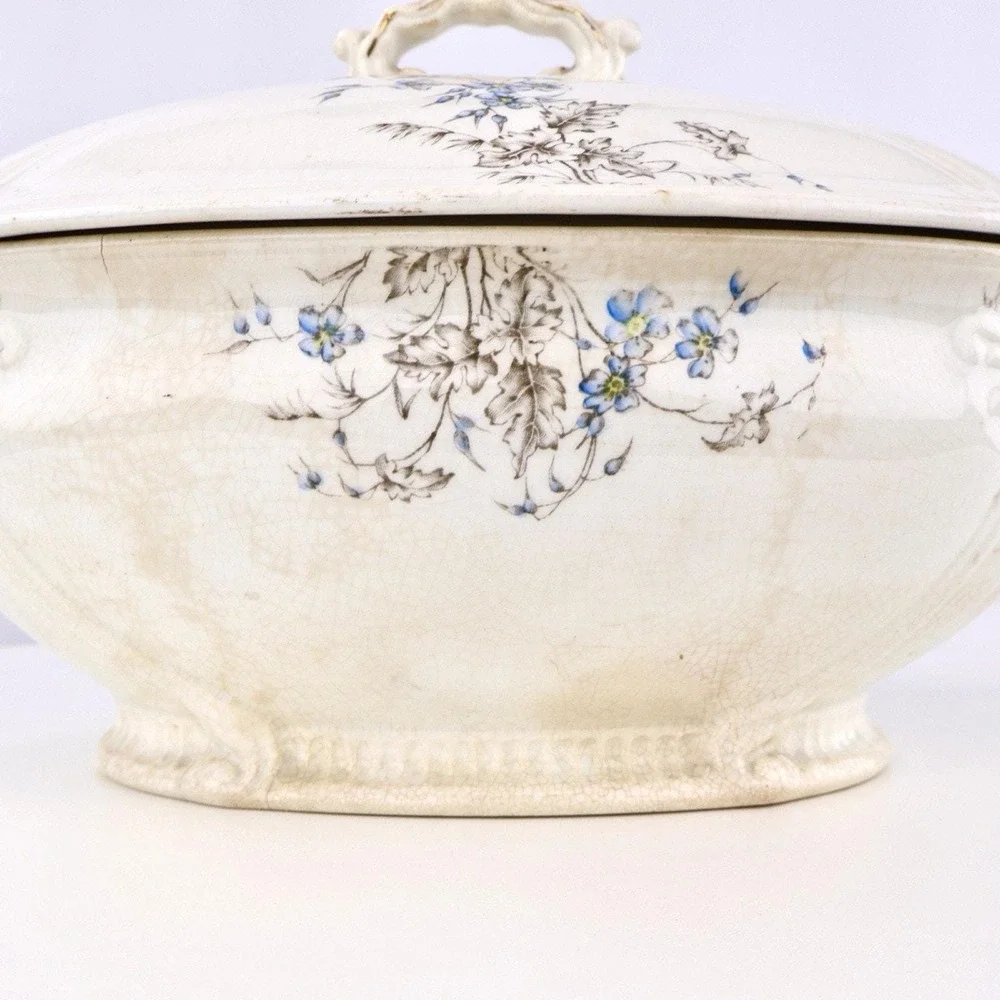 Antique White Ironstone Soup Tureen with Lid - Blue Floral, Hand Signed Base